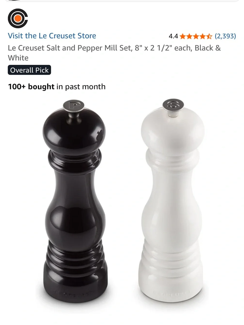 Le Creuset large Black and Grey Pepper & Salt Grinding mill set. NEW NEVER USED